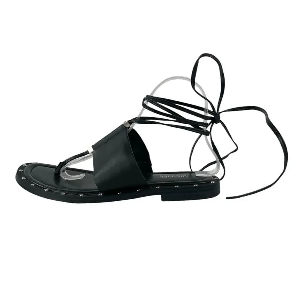 Michael Kors Jagger Black Lace Up Leather Studded Flat Heel Sandals Size 7.5